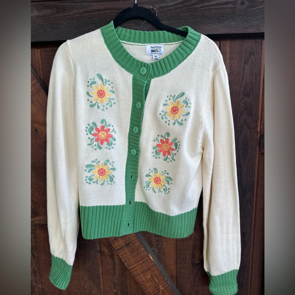 Smak Parlour Floral Smiley Embroidered Cardigan M/L Unique Vintage
